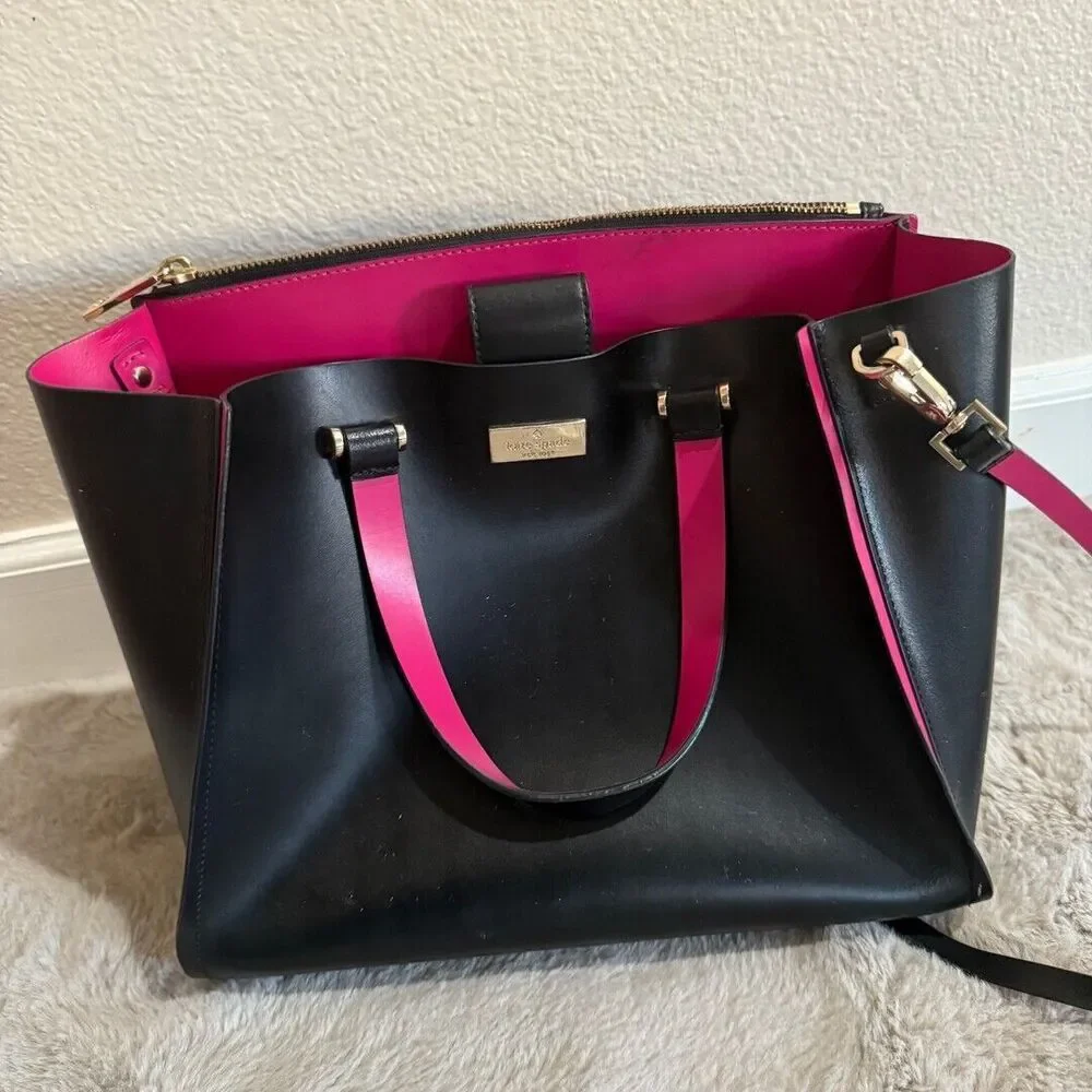 Kate Spade Arbour Hill Kyra Black Sweetheart Pink Leather Crossbody Handbag with